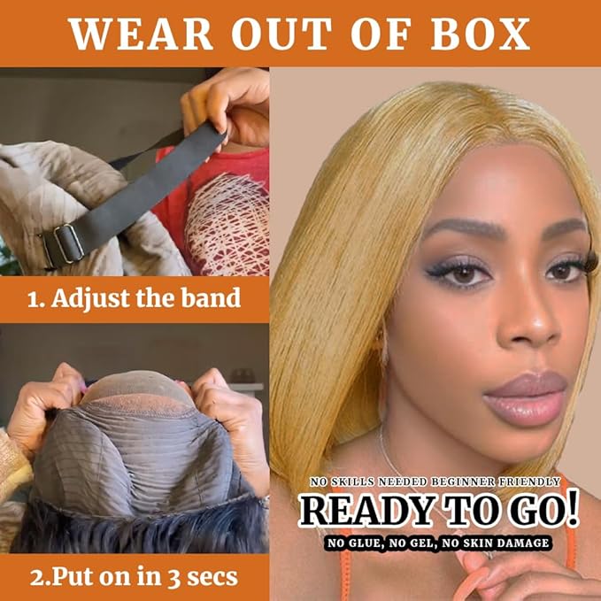 #27 Honey Blonde Lace Front Wig Human Hair Bob Wig 9x6 HD Lace Front Wigs Human Hair Glueless Wigs Human Hair Pre Plucked Pre Cut 200% Density 12 Inch Bob Wigs For Black Women