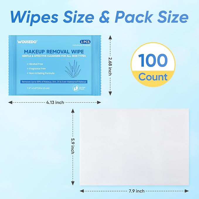 100 Count Makeup Remover Wipes, Bulk Gentle Cleansing Facial Towelettes, Individually Wrapped Travel Size,Alcohol-Free & Hypoallergenic for All Skin Types