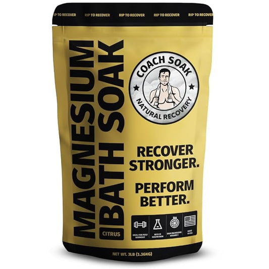 Coach Soak Recovery Bath Soak - Alternative to Epsom Salt Bath Soak - Fast-Absorbing Pure Magnesium Flakes with 21 Minerals, Bath Salts & Essential Oils - 3lbs, Energizing Citrus