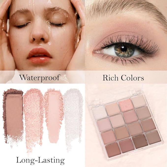 16Color Matte Shimmer Eyeshadow Palette, Natural Nude Dark Brown Champagne Gold Coffee Sparkly Eye Shadow Makeup, Warm Pastel Eyeshadows Long Lasting Waterproof Naturing-Looking Women Girls Eye Shadow