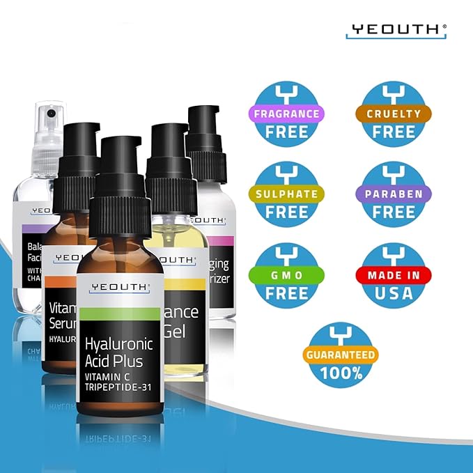 YEOUTH Skin Care Set: Hyaluronic Acid Serum for Face, Vitamin C Serum, Facial Toner, Under Eye Gel, Face Cream, Skin Care Kit for Women & Men 5-Piece
