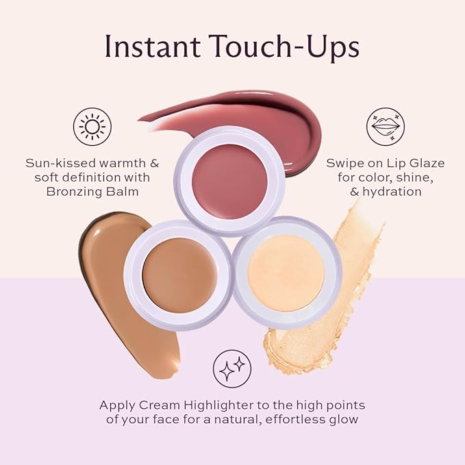 Subtl Beauty 3-in-1 Makeup Stack – Cream Bronzer, Powder Highlighter & Lip Glaze for On-the-Go Touch Ups – Lightweight, Travel-Friendly, Blendable Balm (Fair/Biscotti)