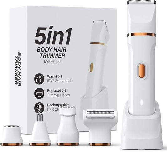 5-in-1 Bikini Trimmer for Women, IPX7 Waterproof Electric Razors Shaver, Cordless Body Hair Trimmer, Facial & Pubic Hair Removal, Ceramic Blade (White)