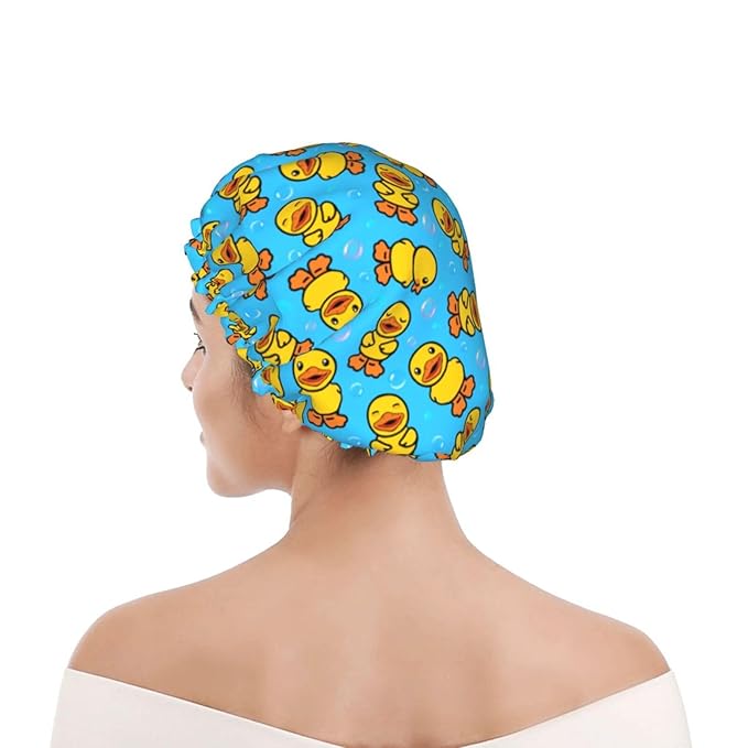 Yellow Rubber Duck Shower Cap For Women Adjustable Double Waterproof Layers Bathing Shower Hat Hair Protection Reusable Ladies Spa Salon Shower Hat