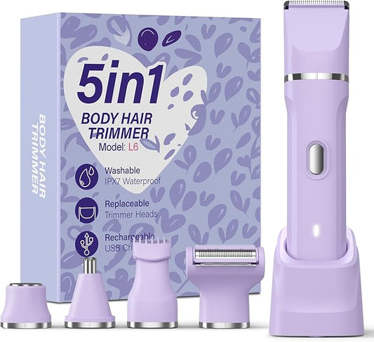 5-in-1 Bikini Trimmer for Women, IPX7 Waterproof Electric Razors Shaver, Cordless Body Hair Trimmer, Facial & Pubic Hair Removal, Ceramic Blade (Light Purple)