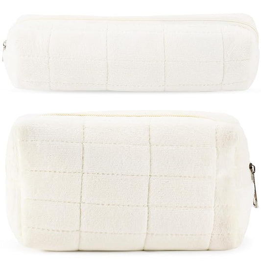 ZLFSRQ 2Pcs Pencil Case Cute Pencil Pouch for Teens Plush Makeup Bag Travel Cosmetic Bag Set White Makeup Pouches Purse Preppy Zippered Toiletry Bags Organizer Trendy Zipper Skincare Storage Organizer
