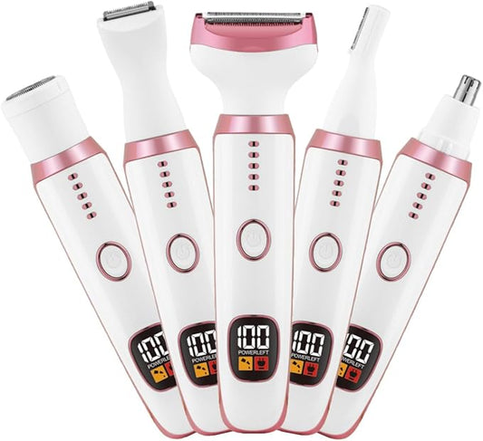 Electric Razors for Women, Bikini Trimmer for Women 5 in 1 Body Shaver for Nose Hair Face Eyebrow Arms Legs Armpit Underarm Pubic Area, Replaceable Lady Facial Razor Painless USB Charge Female Gift