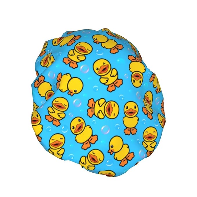 Yellow Rubber Duck Shower Cap For Women Adjustable Double Waterproof Layers Bathing Shower Hat Hair Protection Reusable Ladies Spa Salon Shower Hat