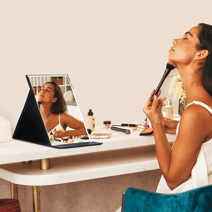 ZBEIVAN 12x9 Inches Extra Large Portable Folding Makeup Mirror, Frameless PU Leather Vanity Mirror with Stand for Desk Table Camping Travel Personal, Black