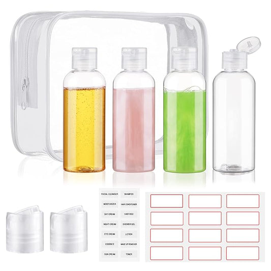 Travel Bottles for Toiletries 3.4oz 4 Pack TSA Approved Leak-Proof Travel Size Containers Squeezable Empty Plastic Toiletry Bottles for Shampoo, Conditioner, Body Wash (Clear)