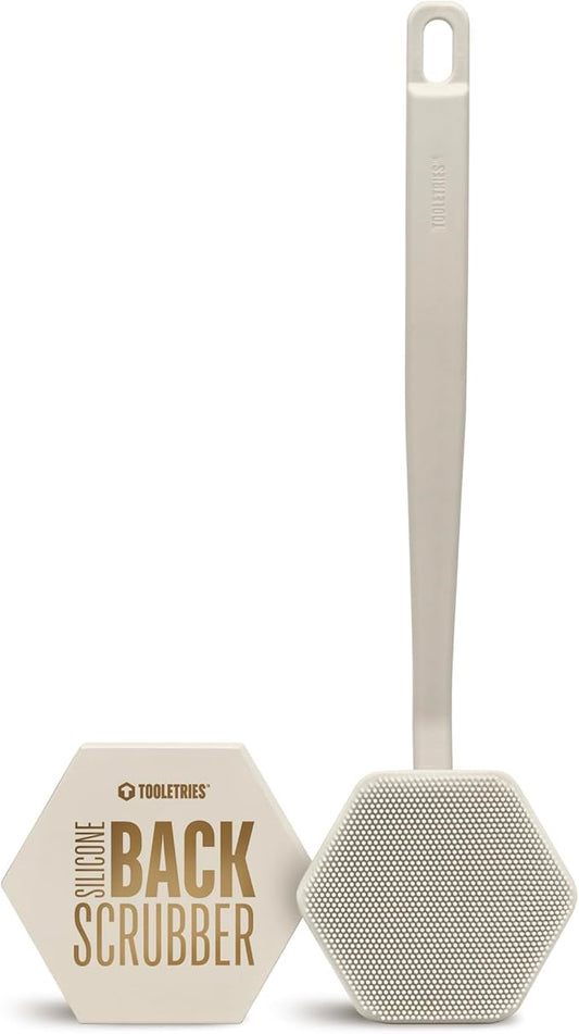 TOOLETRIES Silicone Back Scrubber - Exfoliating Shower Brush, Back Washer for Men, Durable Back Brush with Long Handle - Long Lasting Bath & Shower Accessories - Sand