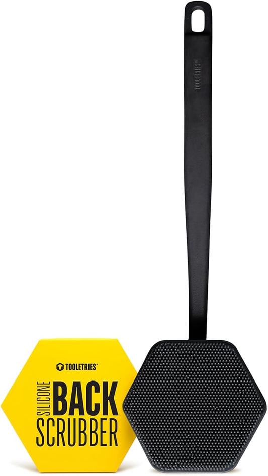 TOOLETRIES Silicone Back Scrubber - Exfoliating Shower Brush, Back Washer for Men, Durable Back Brush with Long Handle - Long Lasting Bath & Shower Accessories - Charcoal