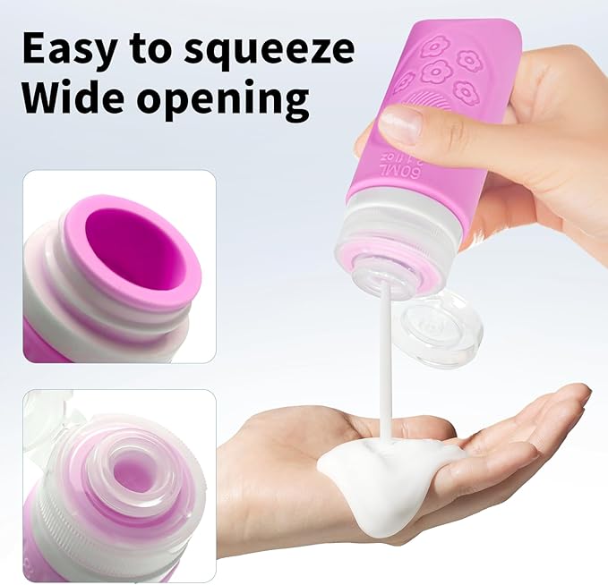 Silicone Travel Bottles 2 3 oz 90 60 40 ml Travel Jars Containers for Toiletries 5 Pack Lotion Liquid Creams Leak Proof TSA Approved Traveling Set Shampoo Body Wash Gel Makeup Skincare Women - Flower
