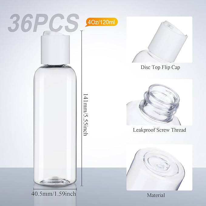 Zubebe 36 Pcs Plastic Travel Bottles with Disc Top Flip Cap Empty Refillable Squeeze Travel Containers for Shampoo Lotions Cream Toiletries Liquid Body Soap (Clear, 4 oz)