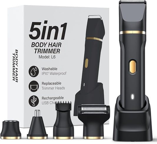 5-in-1 Bikini Trimmer for Women, IPX7 Waterproof Electric Razors Shaver, Cordless Body Hair Trimmer, Facial & Pubic Hair Removal, Ceramic Blade (Black)