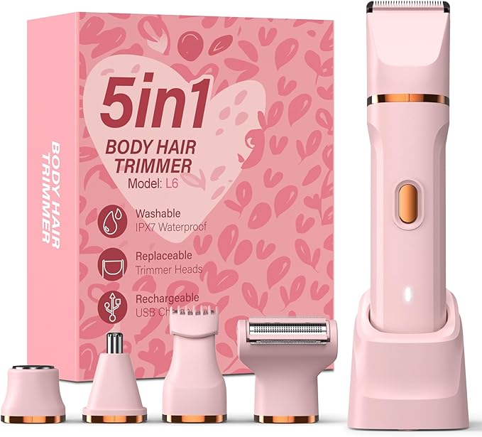 5-in-1 Bikini Trimmer for Women, IPX7 Waterproof Electric Razors Shaver, Cordless Body Hair Trimmer, Facial & Pubic Hair Removal, Ceramic Blade (Blush)