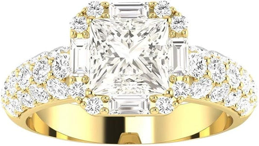 14K White Gold 2.25 Carat LAB GROWN DIAMOND Designer Popular Halo Style Baguette And Pave Set Round Princess Cut Diamond Engagement Ring (E-F Color VS1-VS2 Clarity 1.5 Ct Center)