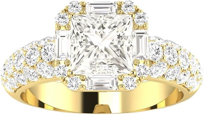 14K White Gold 2.25 Carat LAB GROWN DIAMOND Designer Popular Halo Style Baguette And Pave Set Round Princess Cut Diamond Engagement Ring (E-F Color VS1-VS2 Clarity 1.5 Ct Center)