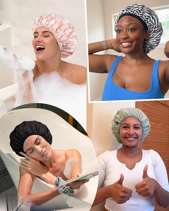 Yanibest Shower Cap Reusable Waterproof - Double Layer Shower Caps for Women, Washable Shower Bonnet with Soft Non-Slip Elastic Band, Bath Hair Hat for Most Hair Types