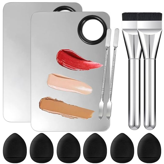 ‌Professional Makeup Palette Set with 2 Stainless Steel Mixing Trays, 6 Blending Sponges, 2 Dual-Ended Spatulas & 2 Brushes - Hygienic Cosmetic Artist Kit for Foundation/Concealer/Color Correcting