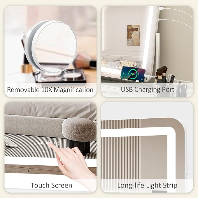 YOURLITE Vanity Mirror with Lights, 24"x 20" LED Makeup Mirror, Smart Touch Dimmable 3 Colors Modes & Adjustable Brightness, 10x Magnification with USB Charging Port, 360° Rotation for Bedroom
