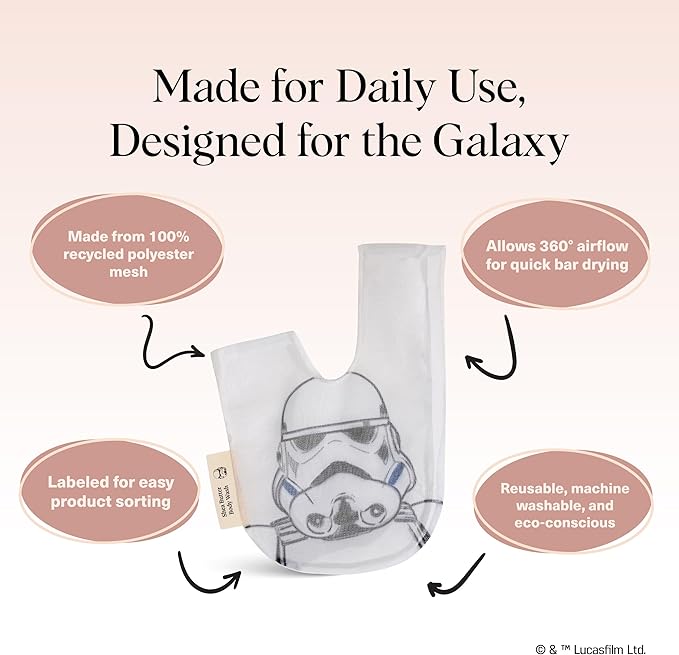 Kitsch x Star Wars Stormtrooper Soap Saver Bag – Patented Mesh Bag Soap Holder for Body Wash Bar - Extends Use & Prevents Soggy Mess - Recycled Mesh Beauty Pouch, Eco-Friendly