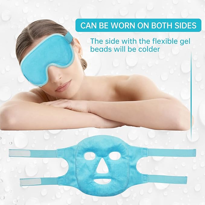 ZNÖCUETÖD Cooling Ice Face Eye Mask for Reducing Puffiness, Bags Under Eyes,Sinus,Redness,Pain Relief,Dark Circles, Migraine,Hot/Cold Pack with Soft Plush Backing (Blue(1* Eye Mask+1*Face Mask))