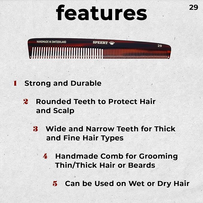 #29 Handmade Wide Narrow Tooth Comb Tortoise Havana Acetate Thick Coarse Curly Thin Fine Straight Hair Detangling Parting Grooming Teasing Hair Styling Hairdresser Barber Hairdressing Wet Dry