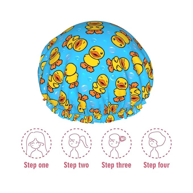 Yellow Rubber Duck Shower Cap For Women Adjustable Double Waterproof Layers Bathing Shower Hat Hair Protection Reusable Ladies Spa Salon Shower Hat