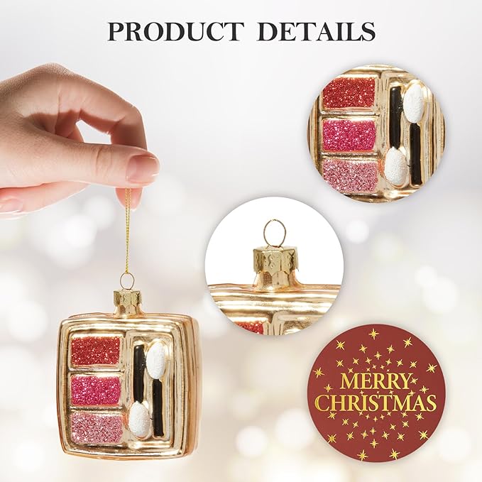 WDS WONDROUS Makeup Palette Christmas Ornament Glass, Gold and Pink Eye Shadow Palette Hanging Ornament for Christmas Tree Decoration Holiday Party Home Gift