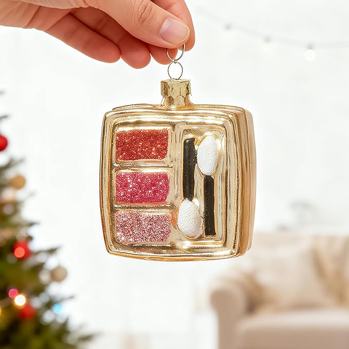 WDS WONDROUS Makeup Palette Christmas Ornament Glass, Gold and Pink Eye Shadow Palette Hanging Ornament for Christmas Tree Decoration Holiday Party Home Gift