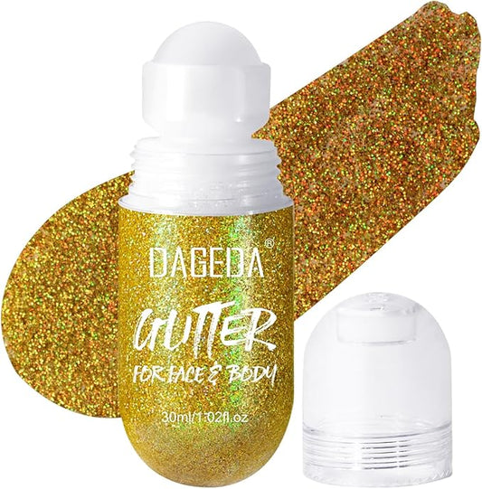 DAGEDA Body Glitter Gel, Roll-on Face Glitter for Mermaid Makeup Festival Rave Accessories, Holographic Hair Glitter Gel,Body Shimmer Halloween Makeup for Rave Party(Laser Gold)