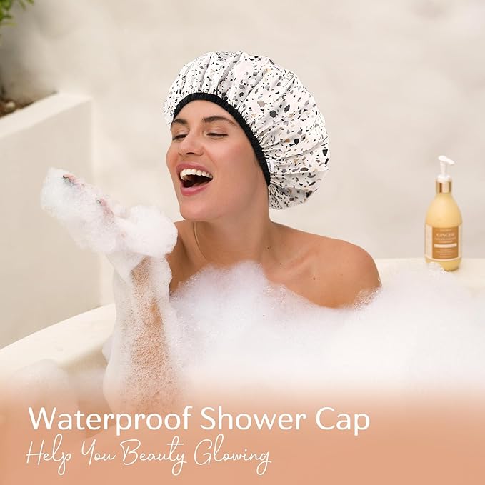 Yanibest Shower Cap Reusable Waterproof - Double Layer Shower Caps for Women, Washable Shower Bonnet with Soft Non-Slip Elastic Band, Bath Hair Hat for Most Hair Types