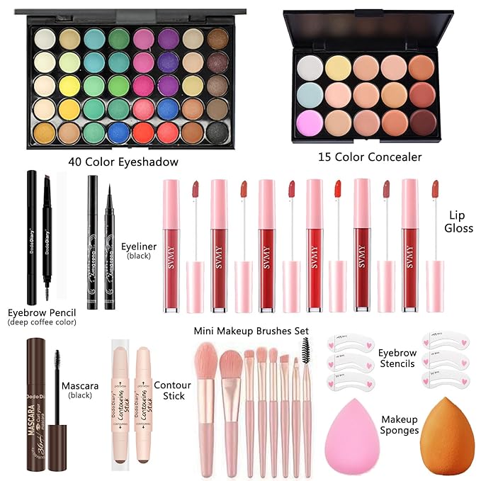 All-in-One Makeup Kit for Women/Teens/Girls – Complete Cosmetic Set with Eyeshadow Palette, Concealer Palette, Lip Gloss, Brushes & Travel Bag