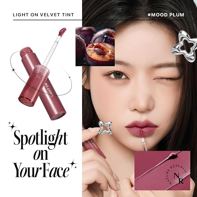 Nature Republic Light on Velvet Tint (06 MOOD PLUM) | High Pigment, Weightless Lip Tint with Velvety Matte Finish, Smooth Texture, Non-Sticky Formula, Stocking Stuffers