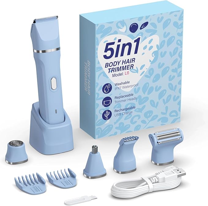 5-in-1 Bikini Trimmer for Women, IPX7 Waterproof Electric Razors Shaver, Cordless Body Hair Trimmer, Facial & Pubic Hair Removal, Ceramic Blade (Sky Blue)