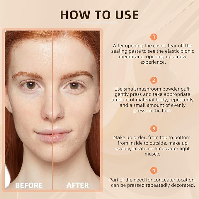 Air Cushion CC Cream Mushroom Head Foundation, Moisturizing BB Cream Makeup Long Lasting, Waterproof Full Coverage Self Adjusting Concealer Vegan Formula Sweat-Proof, Matte Concealer (Buff Beige)