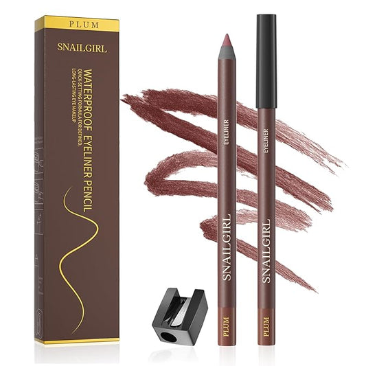 24 Hr Waterproof Eyeliner Duo Sharpenable Eye Pencil, Smudge-Proof, Transfer-Proof, Up to 16HR Wear, Smooth No-Tug Formula, Hydrating Liner With Vitamin E- With eyebrow pencil sharpener (Plum)