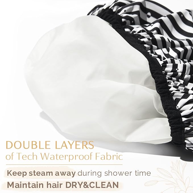 Yanibest Shower Cap Reusable Waterproof - Double Layer Shower Caps for Women, Washable Shower Bonnet with Soft Non-Slip Elastic Band, Bath Hair Hat for Most Hair Types