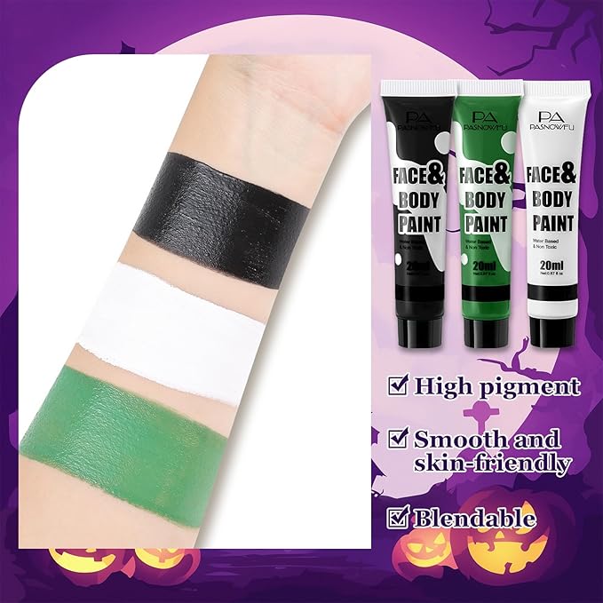 Black White and Green Face Paint - Water-Based Non-Toxic Face Body Paint Kit for Witch Hulk Makeup, Full Coverage Washable Cream for Halloween Cosplay, Costume Parties, Stage Performances