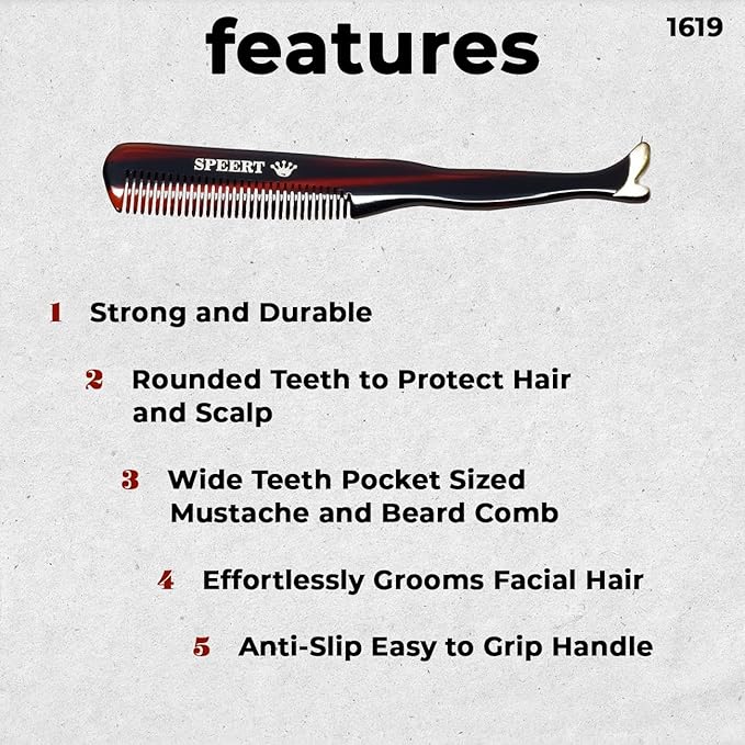 #1619 Handmade Wide Tooth Mustache Comb - Small Tortoise Havana Acetate, Coarse Hair Pocket Sized Grooming Tool, Tangle Free Straightener for Beard Growth and Styling, Wet or Dry Use