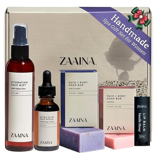 ZAAINA Spa Gift Basket for Women - Natural Self Care Kit, Handmade Soaps, Face Mist, Serum - Deluxe Set