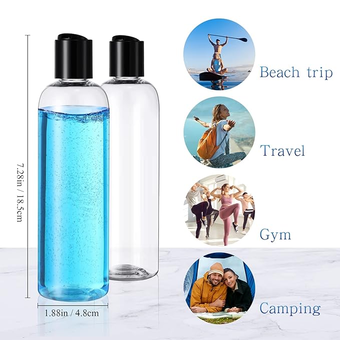 Zubebe 36 Pcs Plastic Travel Bottles with Disc Top Flip Cap Empty Refillable Squeeze Travel Containers for Shampoo Lotions Cream Toiletries Liquid Body Soap (Clear, 8 oz)