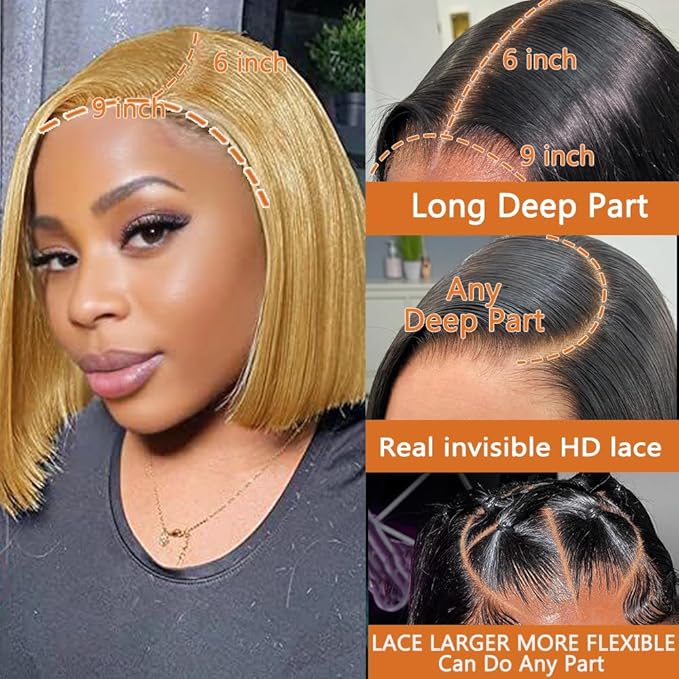 #27 Honey Blonde Bob Wig Human Hair Glueless 14inch Glueless Wigs Human Hair Pre Plucked Pre Cut with Baby Hair 9X6 HD Lace Front Wigs For Black Women 200% Density Straight Bob Wigs