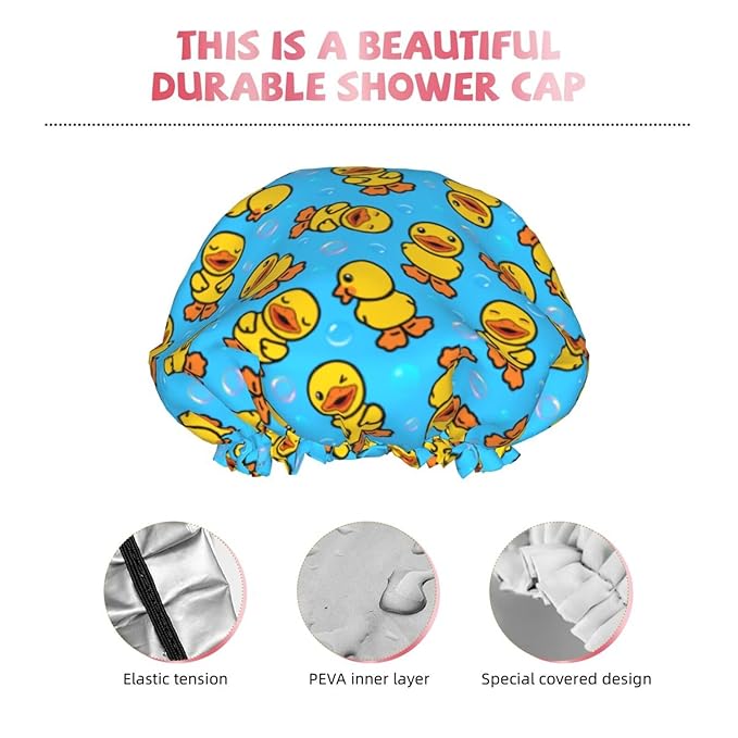 Yellow Rubber Duck Shower Cap For Women Adjustable Double Waterproof Layers Bathing Shower Hat Hair Protection Reusable Ladies Spa Salon Shower Hat