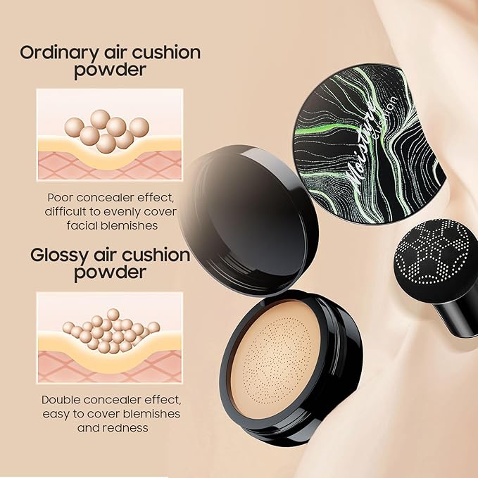 Air Cushion CC Cream Mushroom Head Foundation, Moisturizing BB Cream Makeup Long Lasting, Waterproof Full Coverage Self Adjusting Concealer Vegan Formula Sweat-Proof, Matte Concealer (Buff Beige)