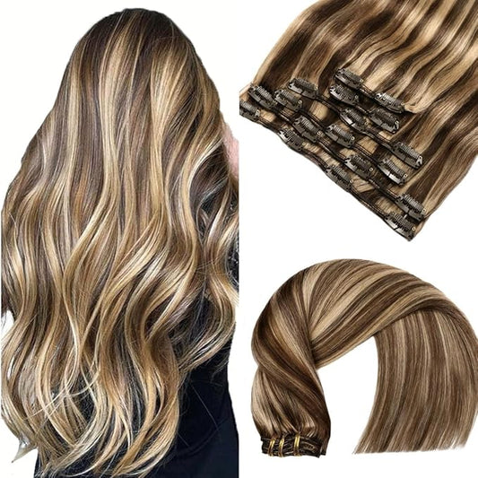 VINBAO Hair Extensions Clip in Human Hair Balayage Color 4 Medium Brown Highlighted 27 Caramel Blonde Clip in Hair Extensions 22 inch Long 120 Gram 6 Pcs Full Head For Thin Hair (#4P27, 22'')