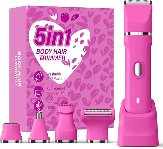 5-in-1 Bikini Trimmer for Women, IPX7 Waterproof Electric Razors Shaver, Cordless Body Hair Trimmer, Facial & Pubic Hair Removal, Ceramic Blade (Magenta)