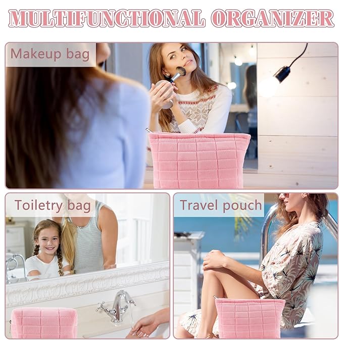 ZLFSRQ 2Pcs Makeup Bag for Women Trendy Large Capacity Cosmetic Bags Plush Pencil Case Pink Checkered Pouch for Purse Coquette Zippered Toiletry Bag Organizer Y2K Aesthetic Pencil Pouch