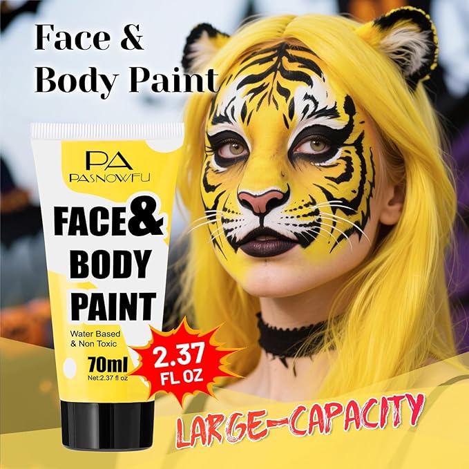 Yellow Face Paint 70ml Large Tube, Water-Based Full Coverage Body Paint for Creative SFX Makeup, Non-Toxic Face Body Paint for Adults Halloween SFX Cosplay Makeup, Theater, Stage shows